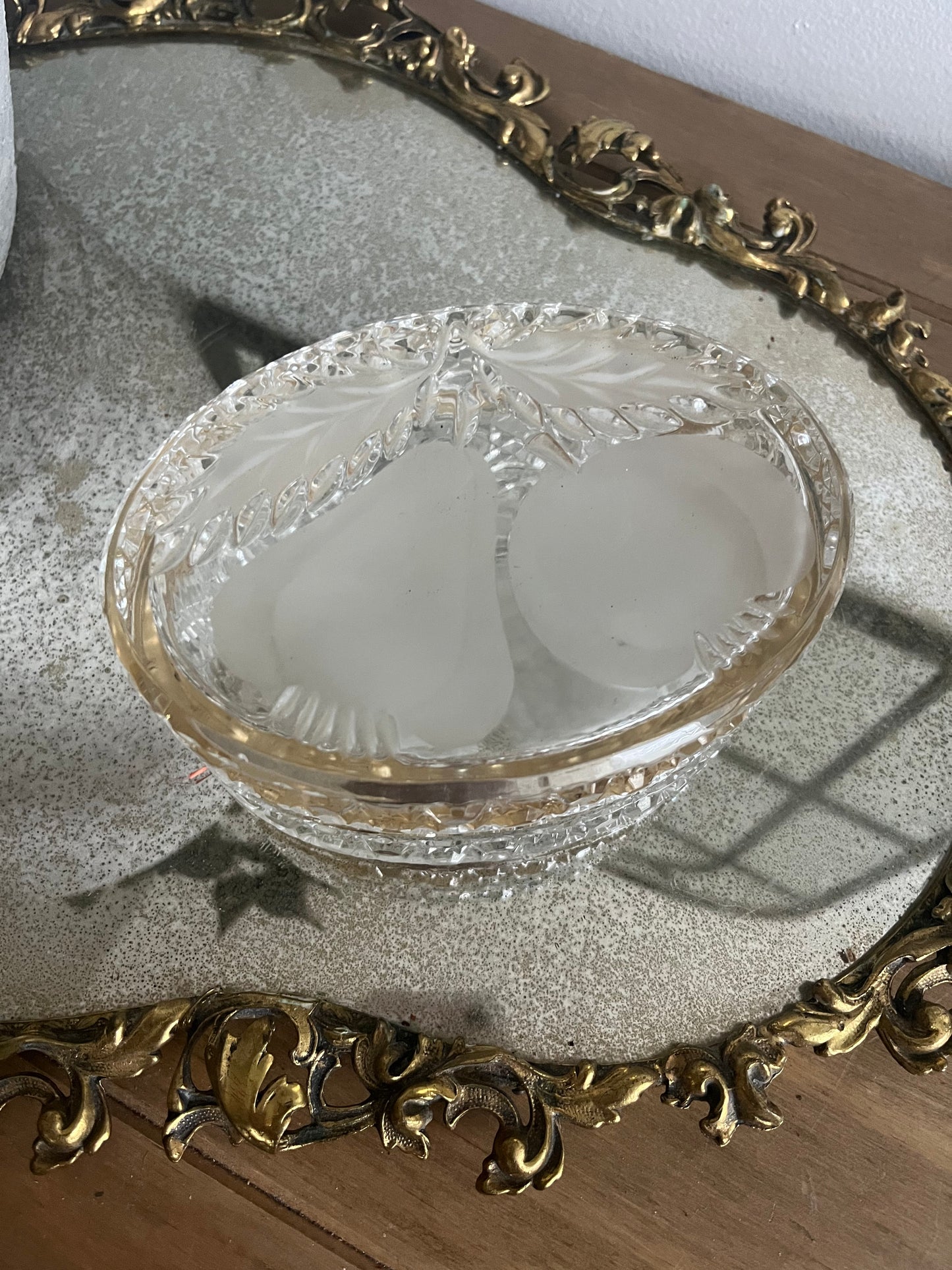 Vintage Beyer Bleikristal Heavy Cut Oval Hinged Jewely Box with Fruit Motif on top.