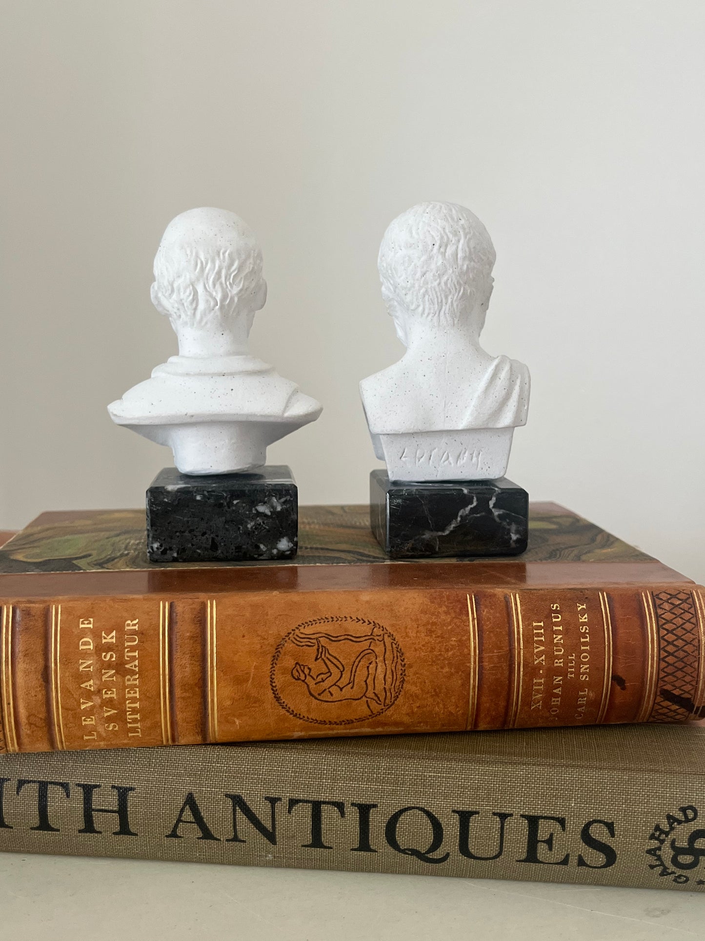 Vintage Socrates & Aristotle Greek Philosopher Mini Bust Statues on Green Marble Bases.