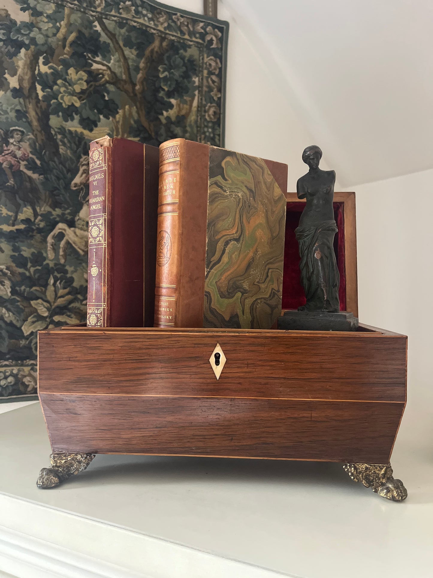Antique Sarcophagus Shaped Tea Caddy with Lion Paw Feet And Red Velvet Interior.
