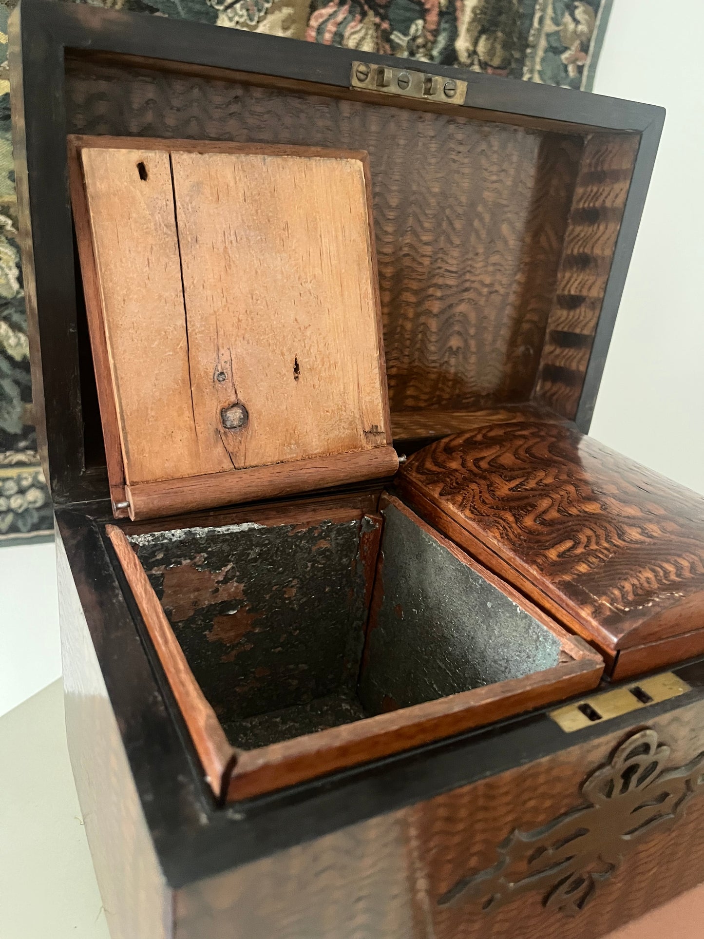 Antique Wood Tea Caddy with Brass Details