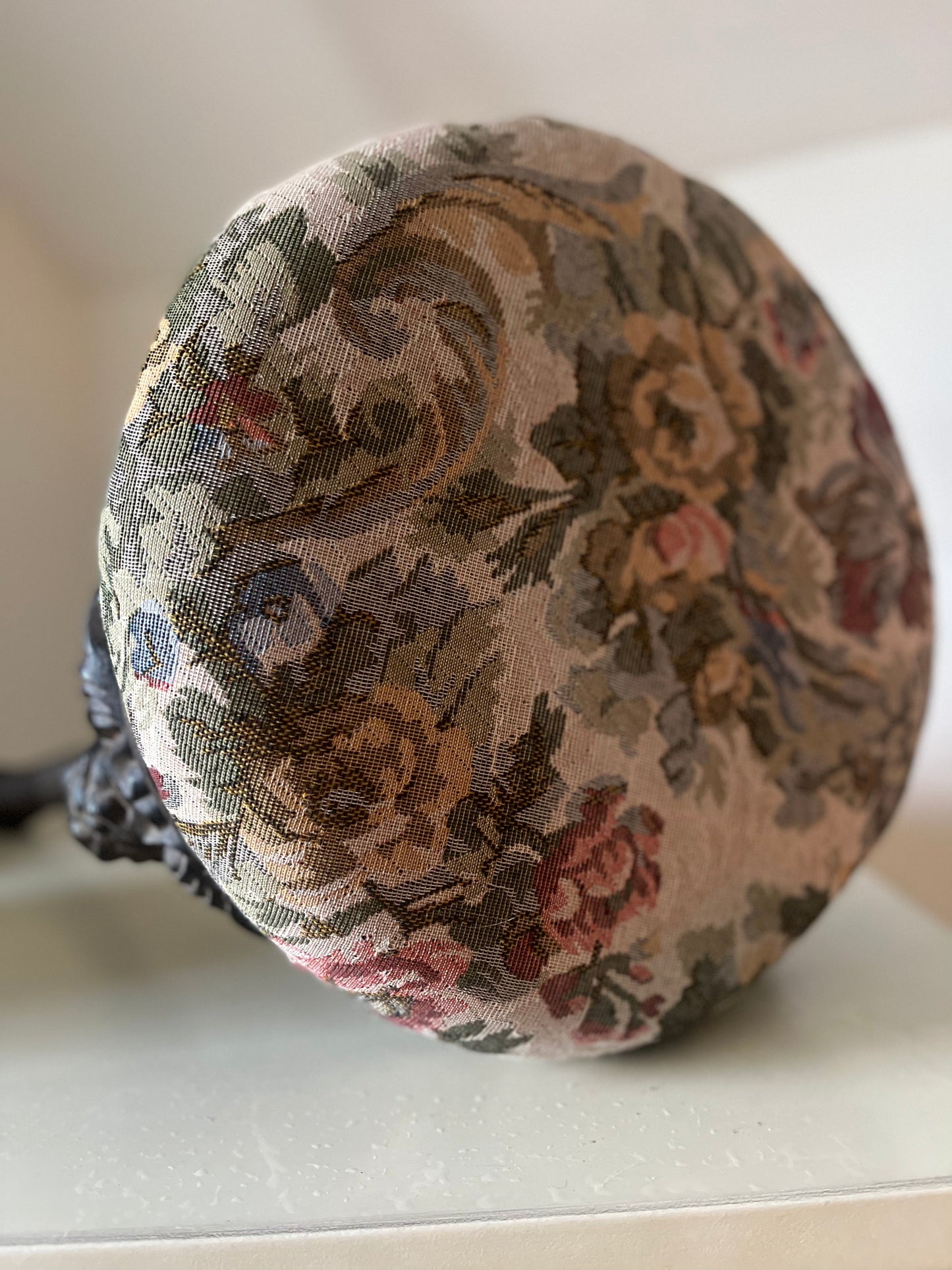 Cast Iron Cherub Vanity Stool with Floral Fabric Top