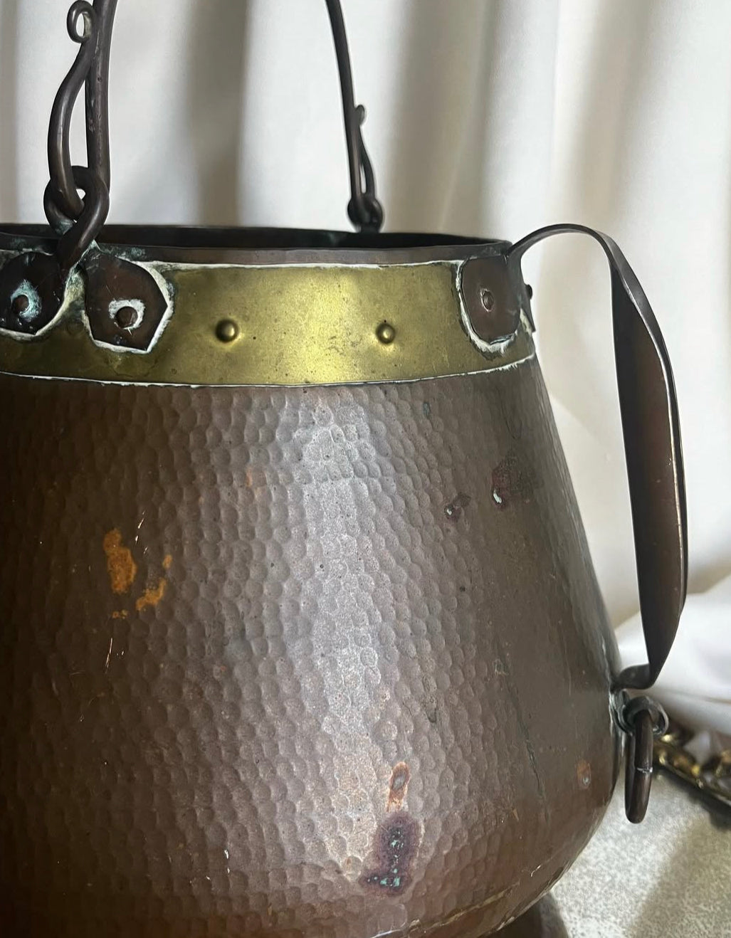 Antique Hammered Copper Cauldron Kettle with Brass Details