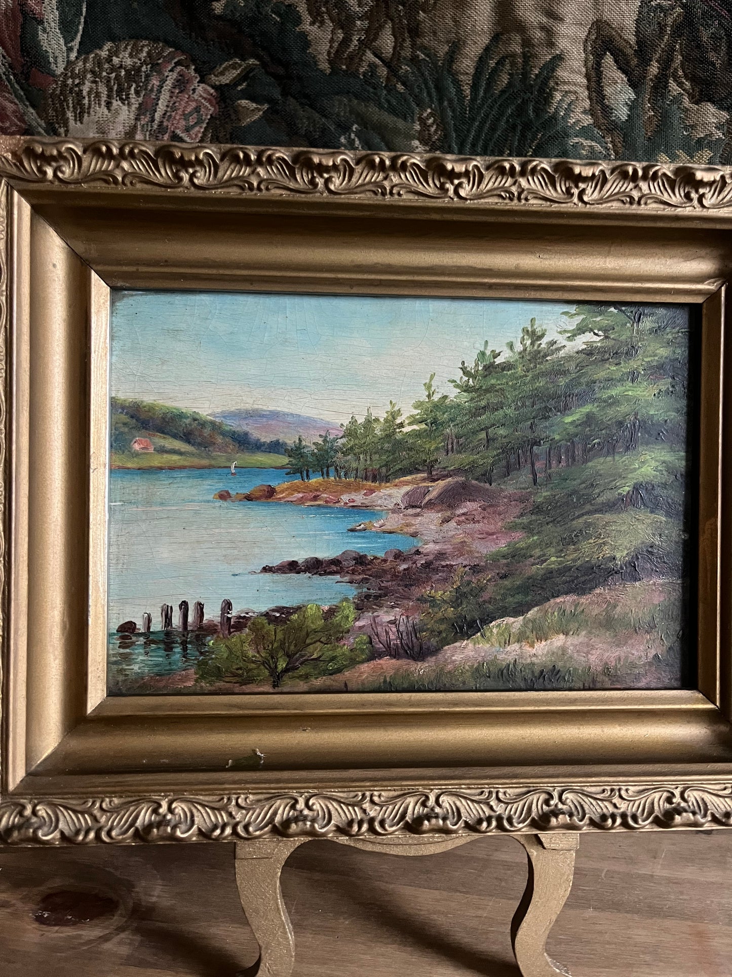 Vintage Oil Landscape on Board in Gold wood Frame