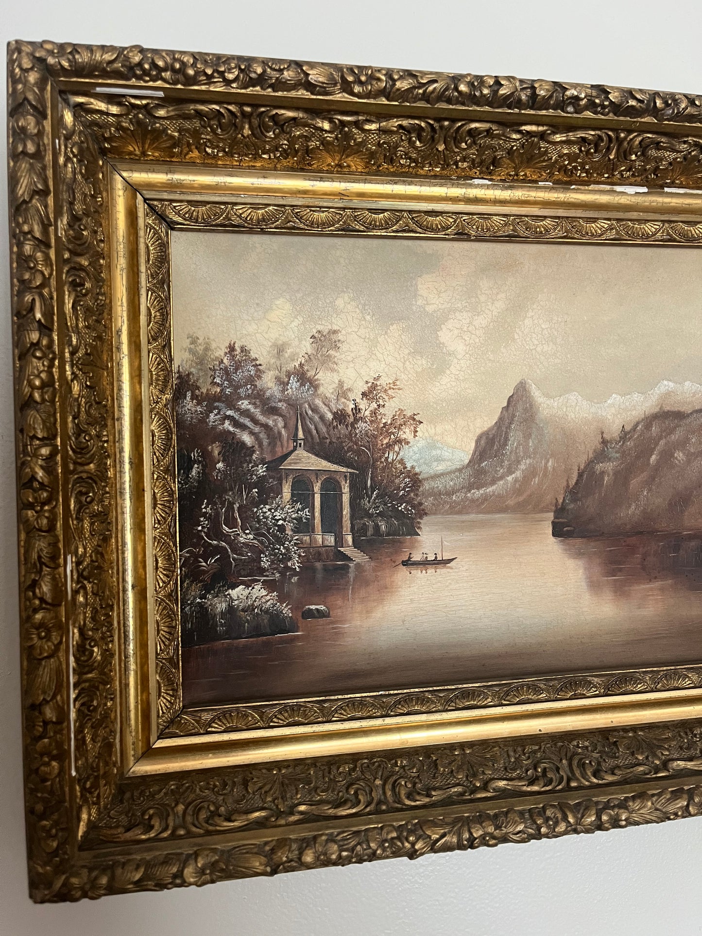 Antique Diorama Oil Landscape Painting on a concave plaster.