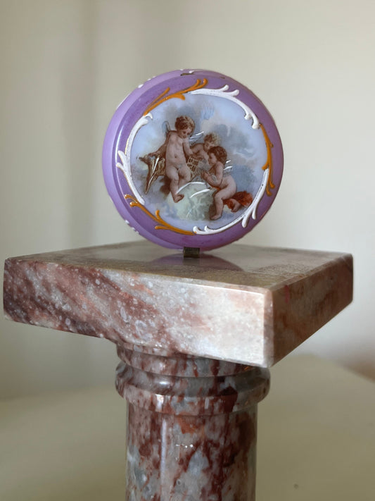 19th C.FRENCH OPALINE ART GLASS POWDER BOX WITH HAND PAINTED CHERUBS