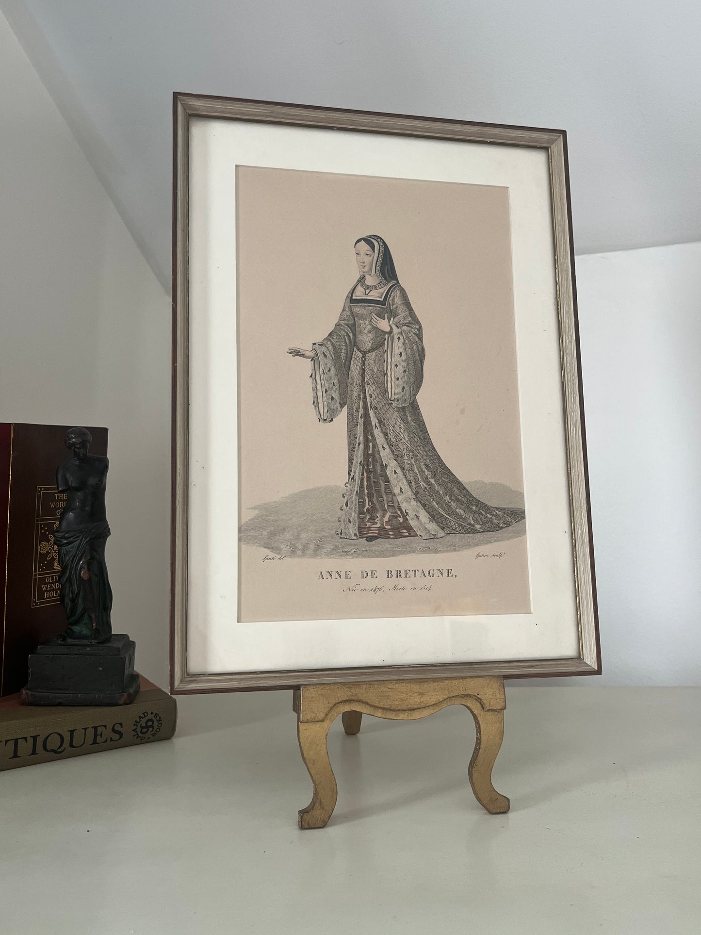 Antique Pair of Hand colored Framed Engravings of Anne of Brittany and Marie-Angelique.