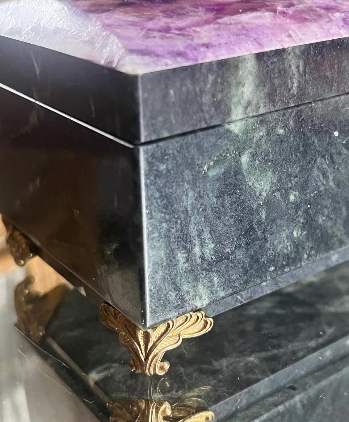 Vintage Russian Stone Casket with Green Marble Exterior, Amethyst Stone top, Bronze hinges and feet with Black Velvet interior.