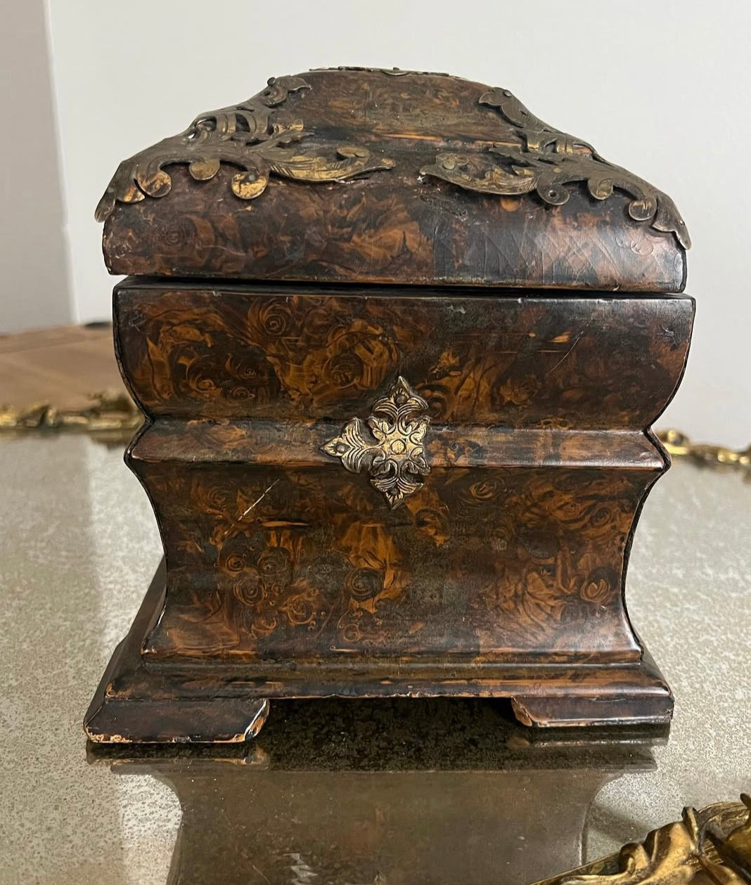 Antique 19th Century Wood Faux Painted Tortoise Shell Tea Caddy with brass accents. No Key. Some wear consistent with age