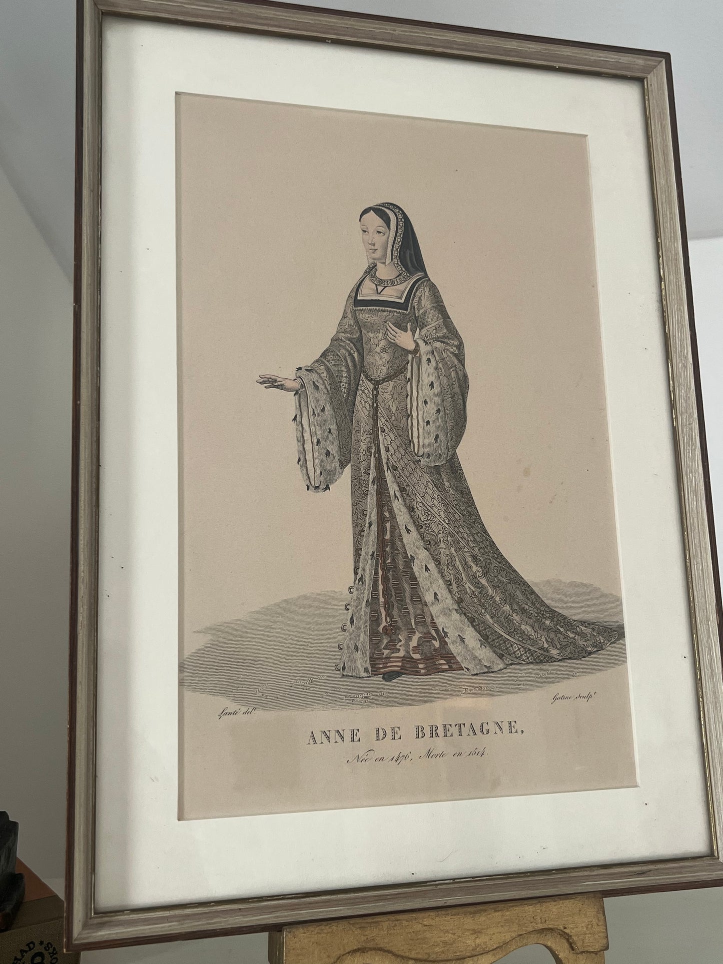 Antique Pair of Hand colored Framed Engravings of Anne of Brittany and Marie-Angelique.