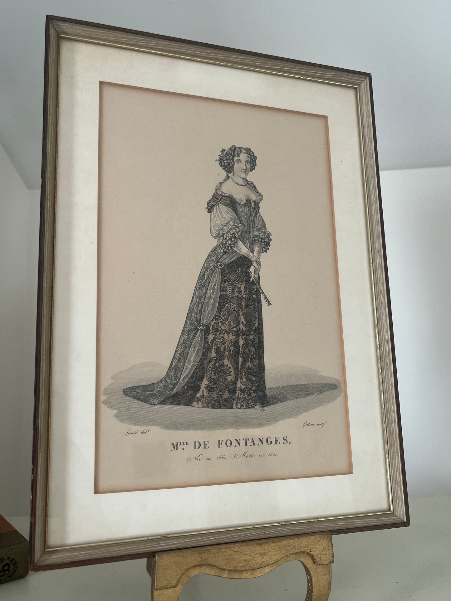 Antique Pair of Hand colored Framed Engravings of Anne of Brittany and Marie-Angelique.