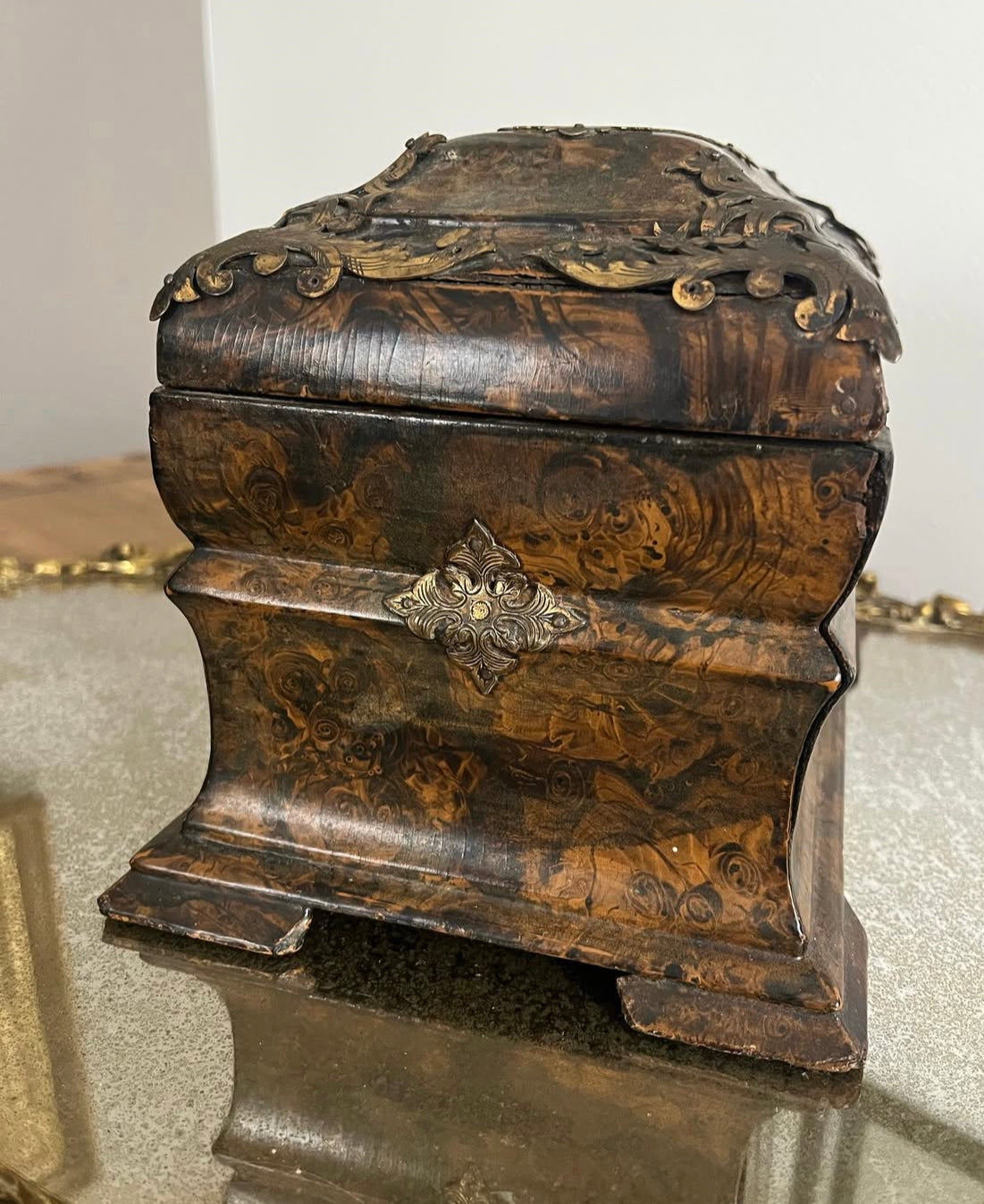 Antique 19th Century Wood Faux Painted Tortoise Shell Tea Caddy with brass accents. No Key. Some wear consistent with age
