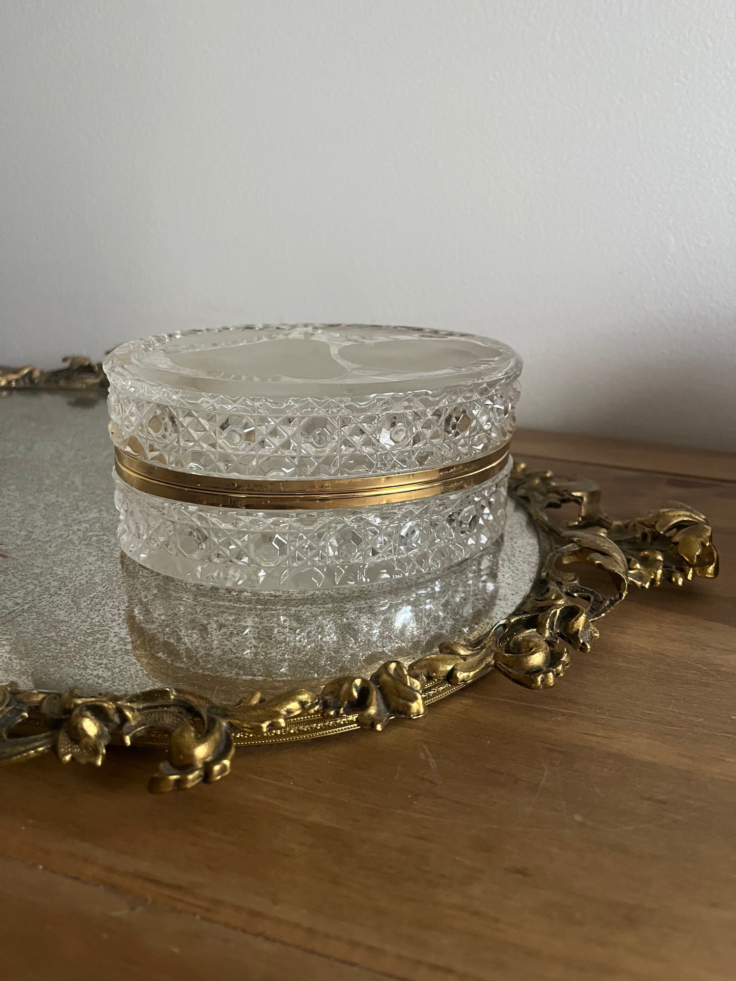 Vintage Beyer Bleikristal Heavy Cut Oval Hinged Jewely Box with Fruit Motif on top.