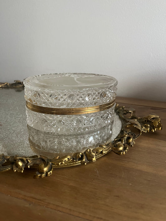 Vintage Beyer Bleikristal Heavy Cut Oval Hinged Jewely Box with Fruit Motif on top.