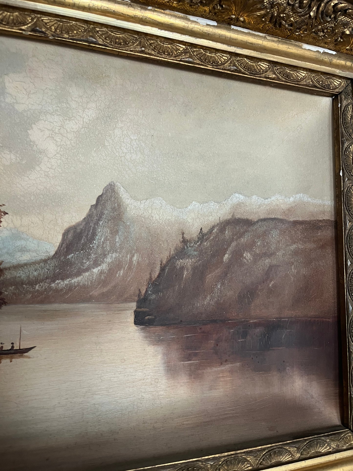 Antique Diorama Oil Landscape Painting on a concave plaster.