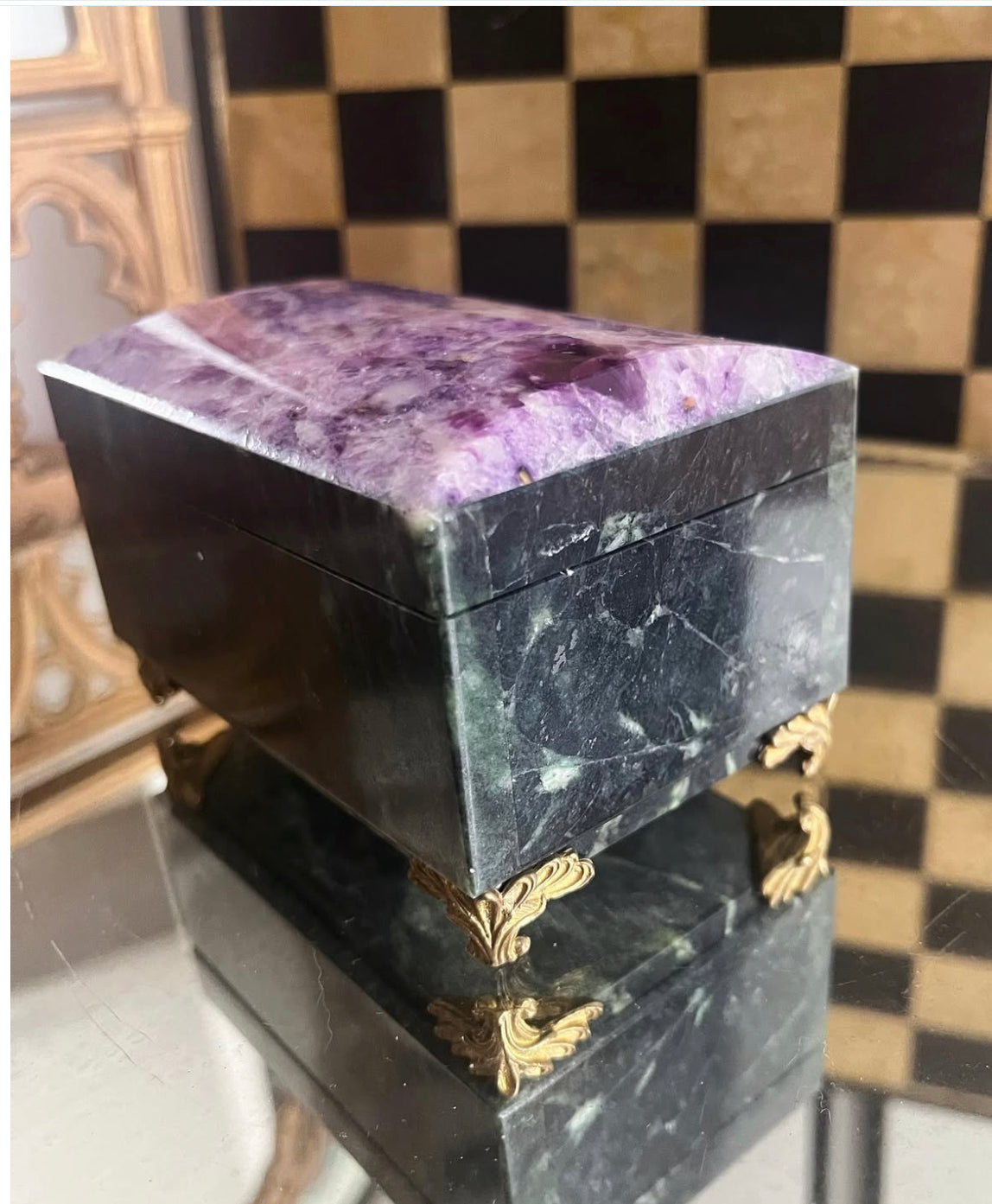 Vintage Russian Stone Casket with Green Marble Exterior, Amethyst Stone top, Bronze hinges and feet with Black Velvet interior.