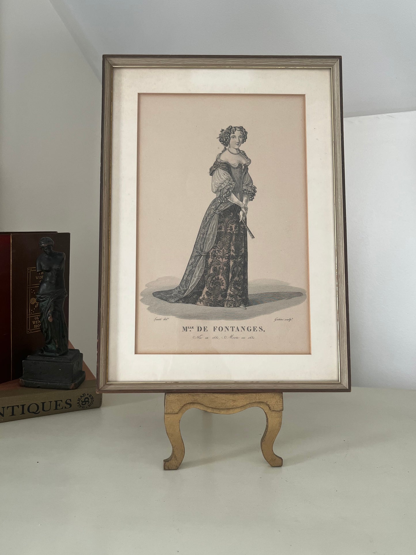 Antique Pair of Hand colored Framed Engravings of Anne of Brittany and Marie-Angelique.