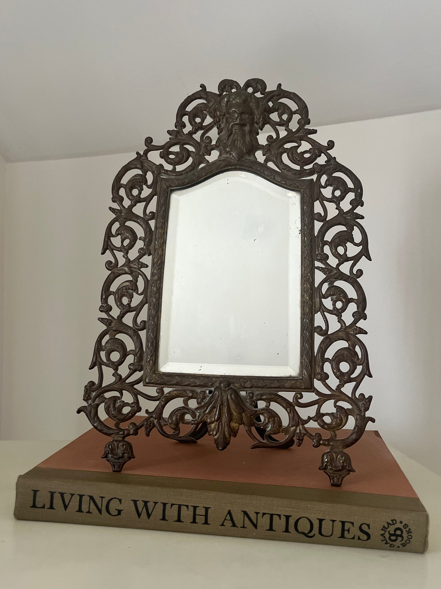 Antique Ornate 19th C. Gilt Cast Iron “Green Man” Easel Back Victorian Mirror.