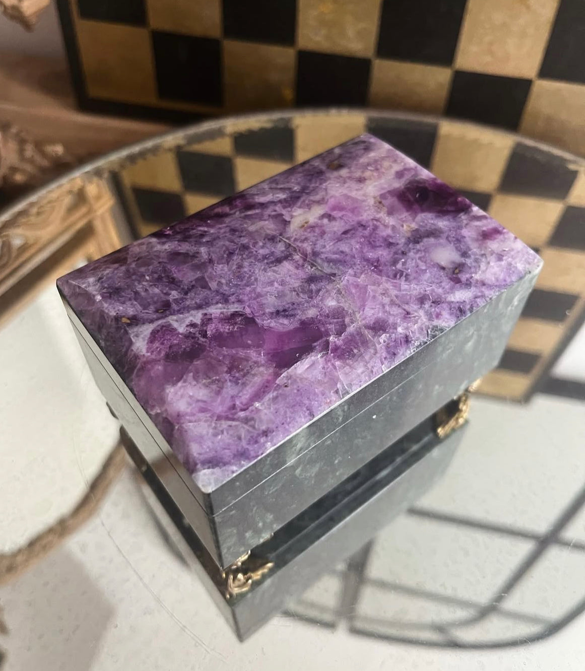 Vintage Russian Stone Casket with Green Marble Exterior, Amethyst Stone top, Bronze hinges and feet with Black Velvet interior.