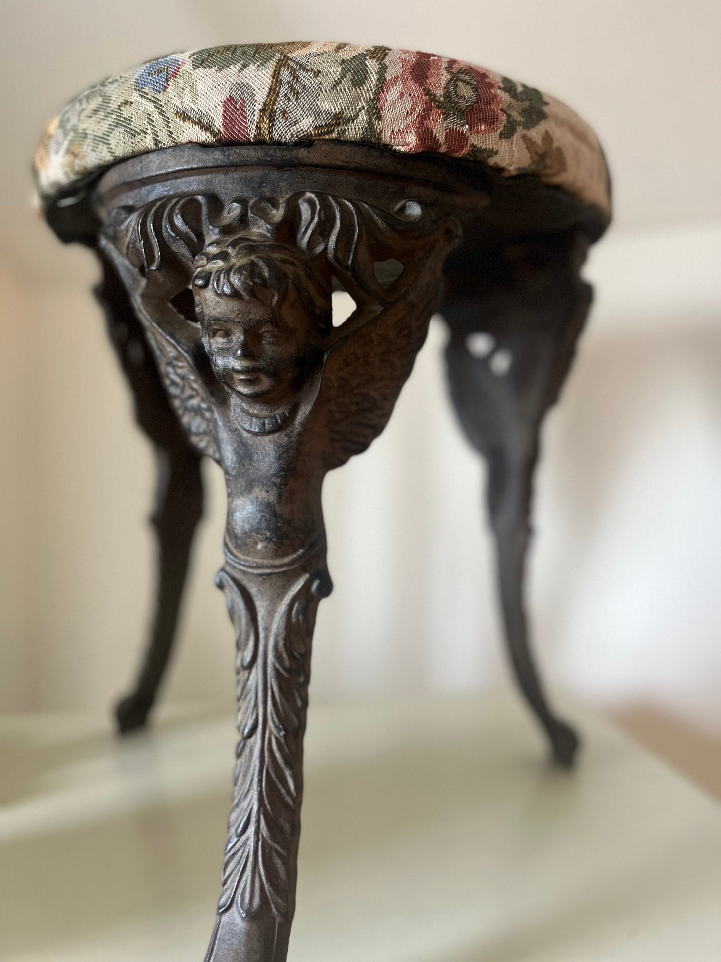 Cast Iron Cherub Vanity Stool with Floral Fabric Top