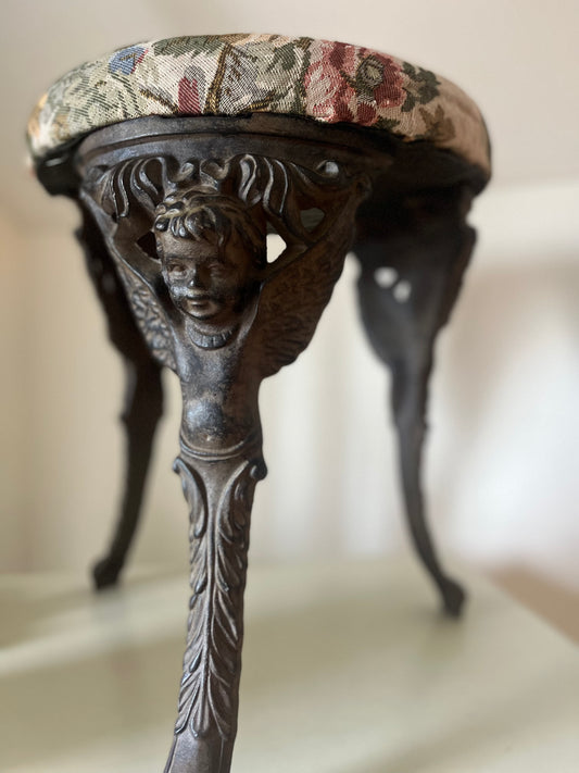 Cast Iron Cherub Vanity Stool with Floral Fabric Top