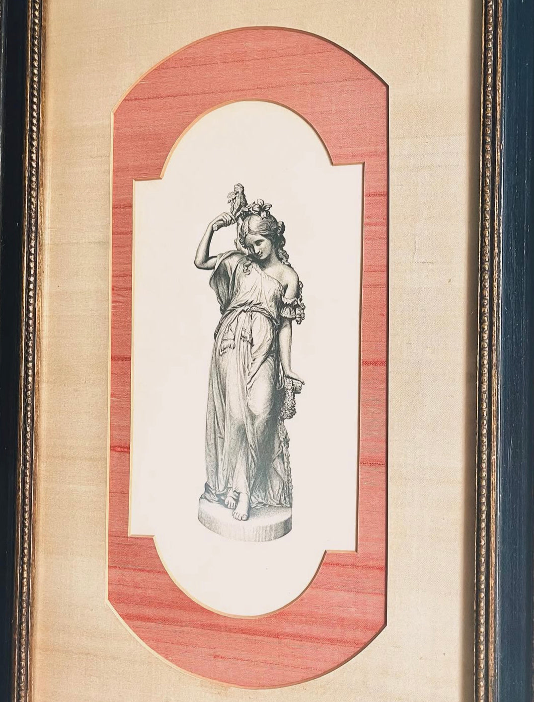 Antique Engraving "The Young Beauty “ Framed Engraving &nbsp;double matted in Vintage Black and Gold Frame.