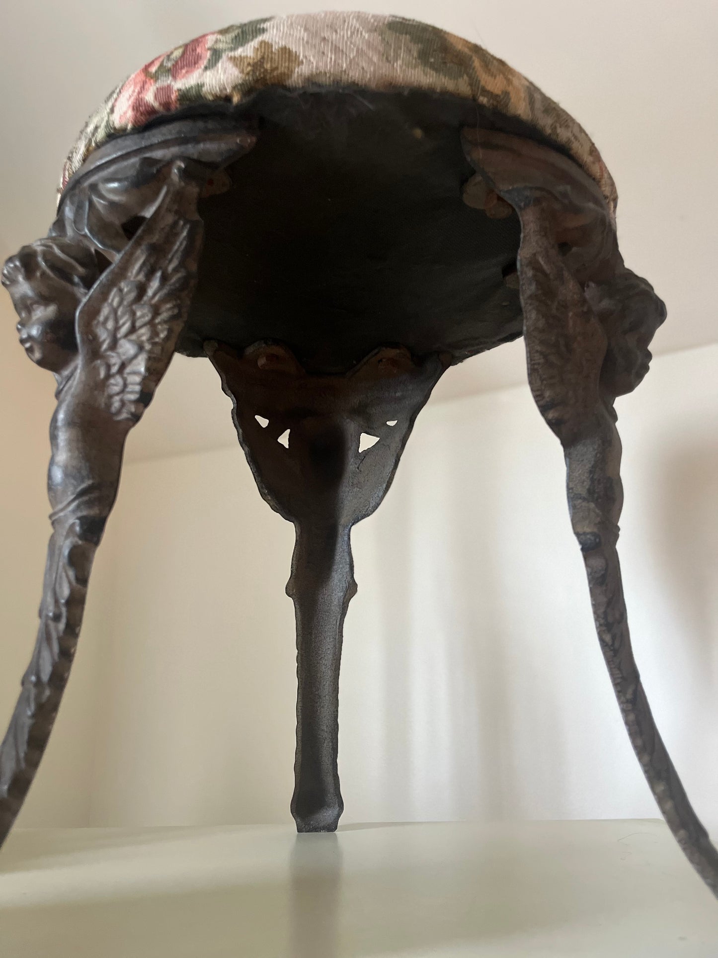 Cast Iron Cherub Vanity Stool with Floral Fabric Top