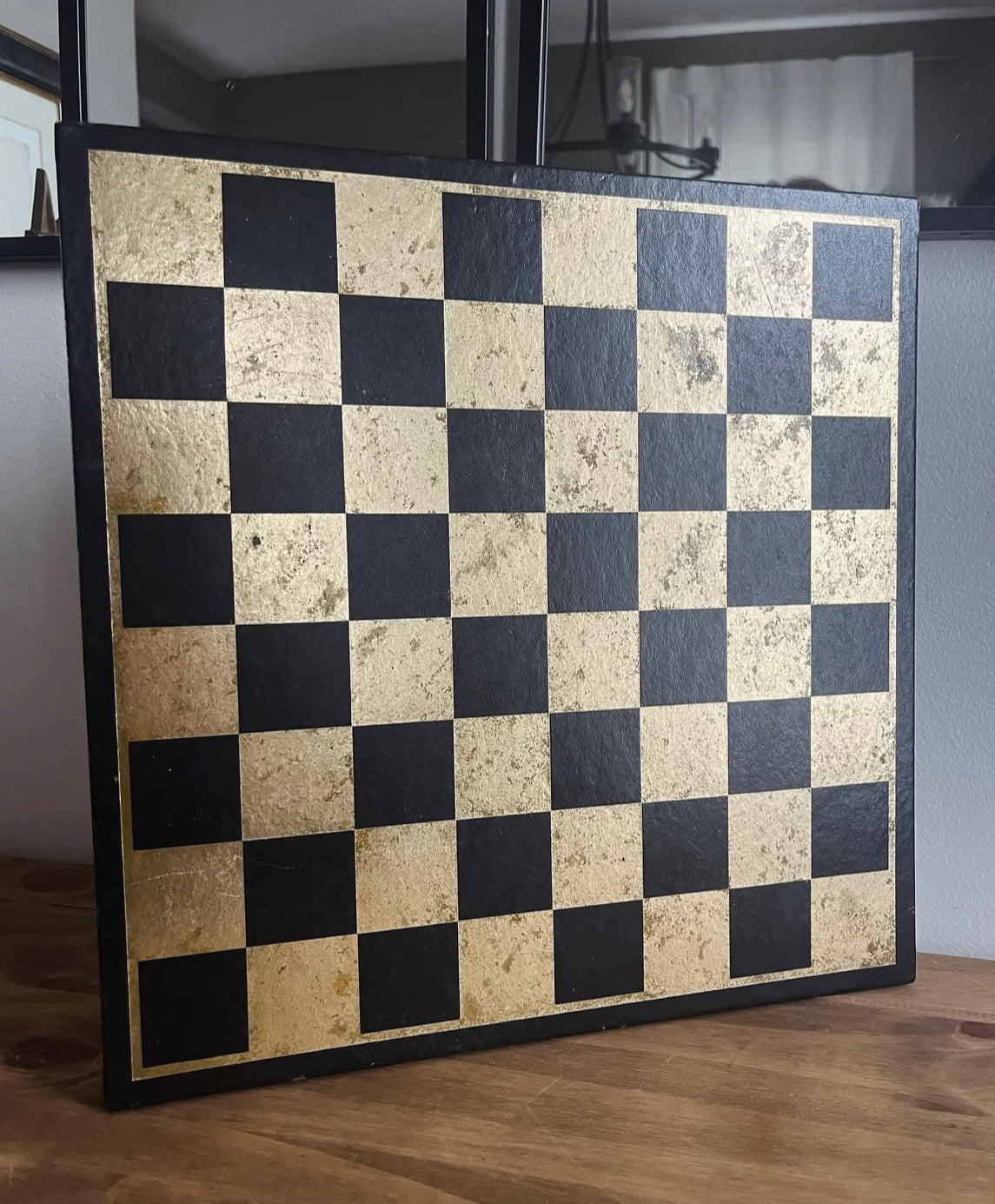 Vintage A&M Leatherlines Black and Gold Leather Chess Board.