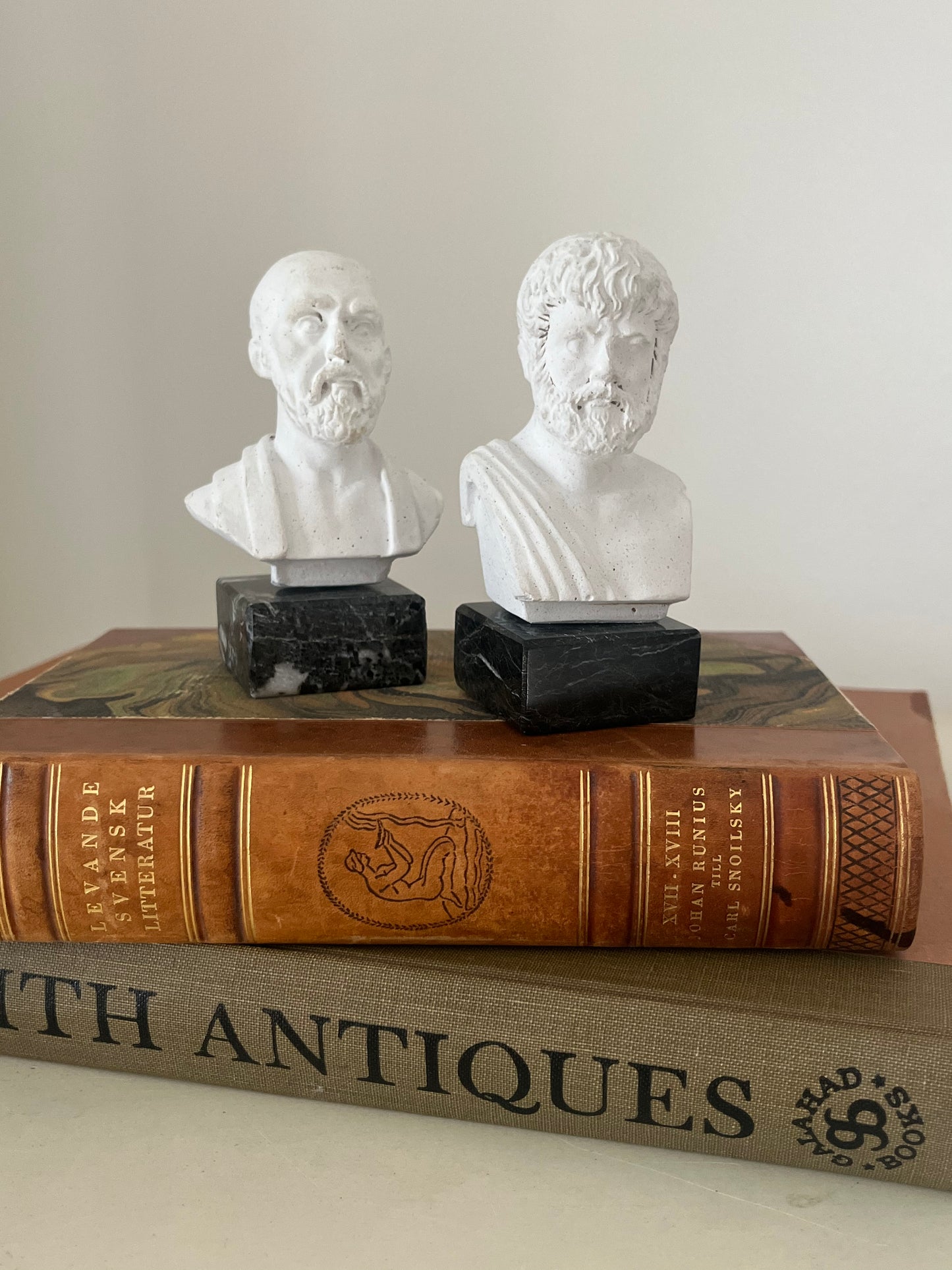 Vintage Socrates &amp; Aristotle Greek Philosopher Mini Bust Statues on Green Marble Bases.