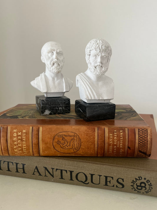Vintage Socrates &amp; Aristotle Greek Philosopher Mini Bust Statues on Green Marble Bases.