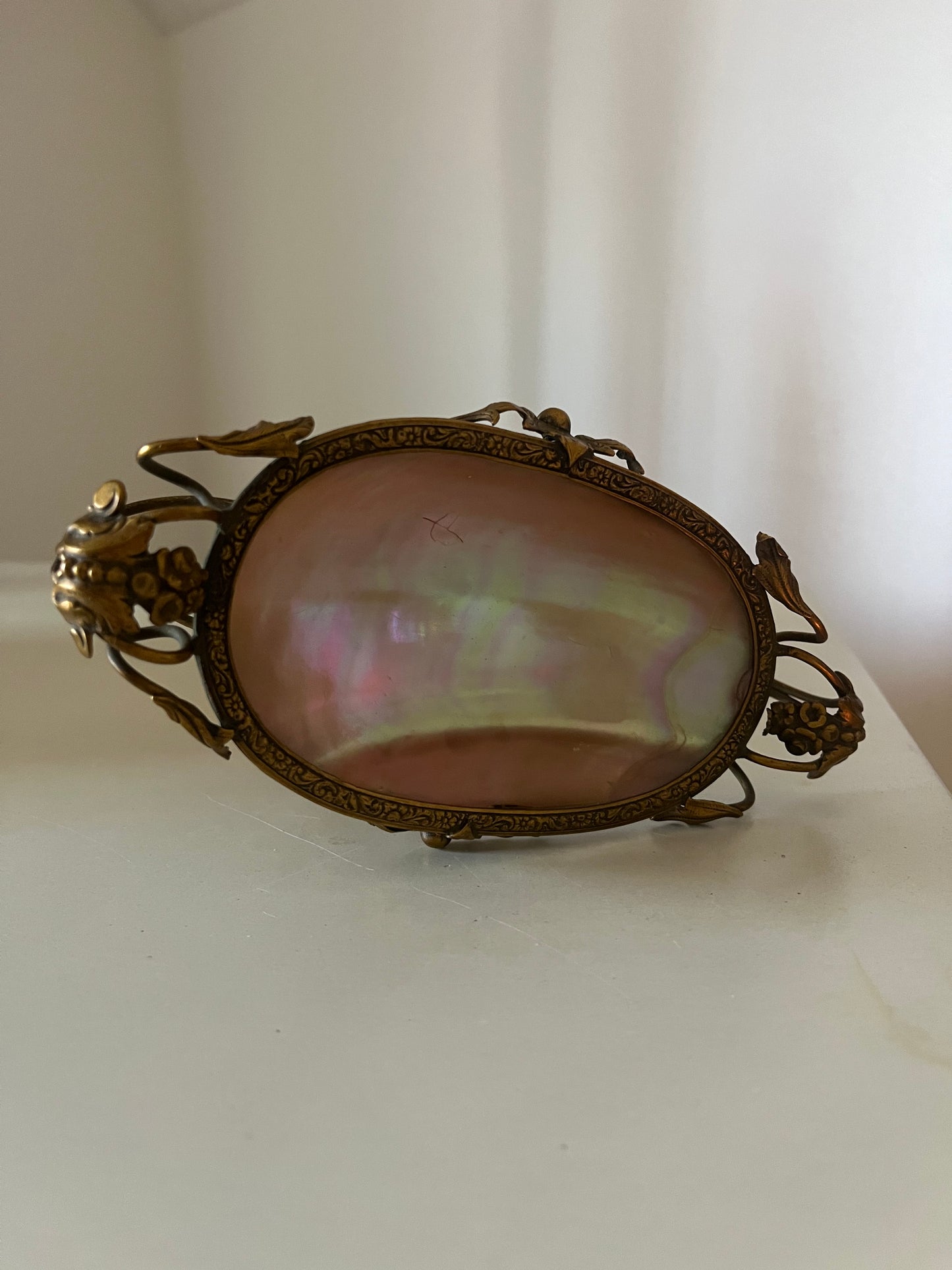 Antique French Ormolu Mother of Pearl Vanity Ring Trinket Holder