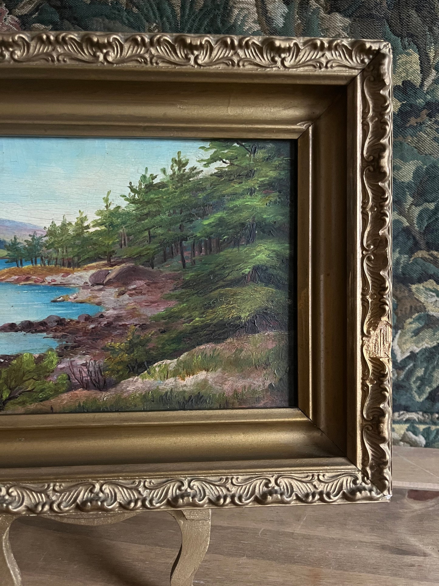 Vintage Oil Landscape on Board in Gold wood Frame