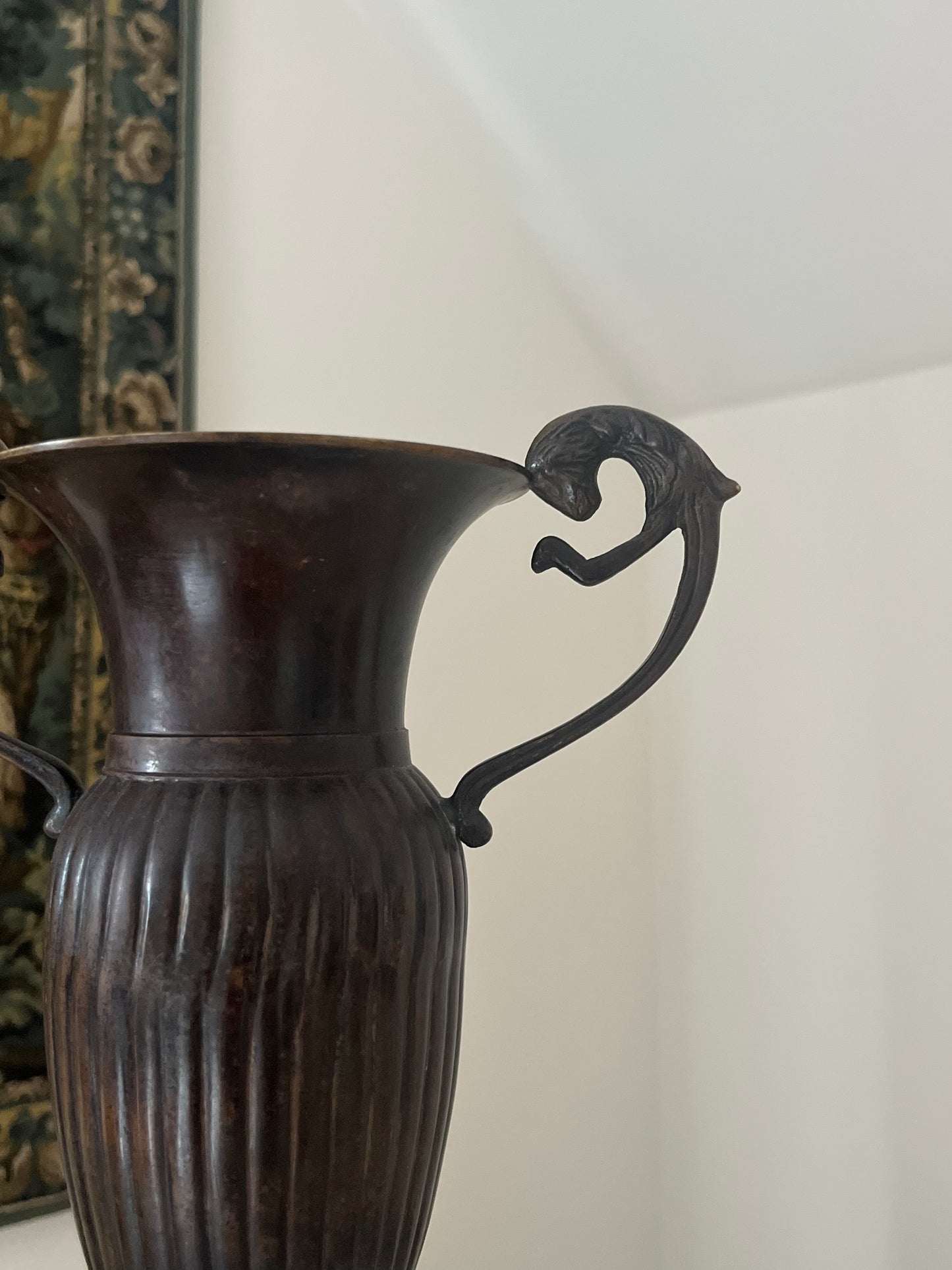 Vintage Bronze Urn Vase with Lion Handles Ribbed Details