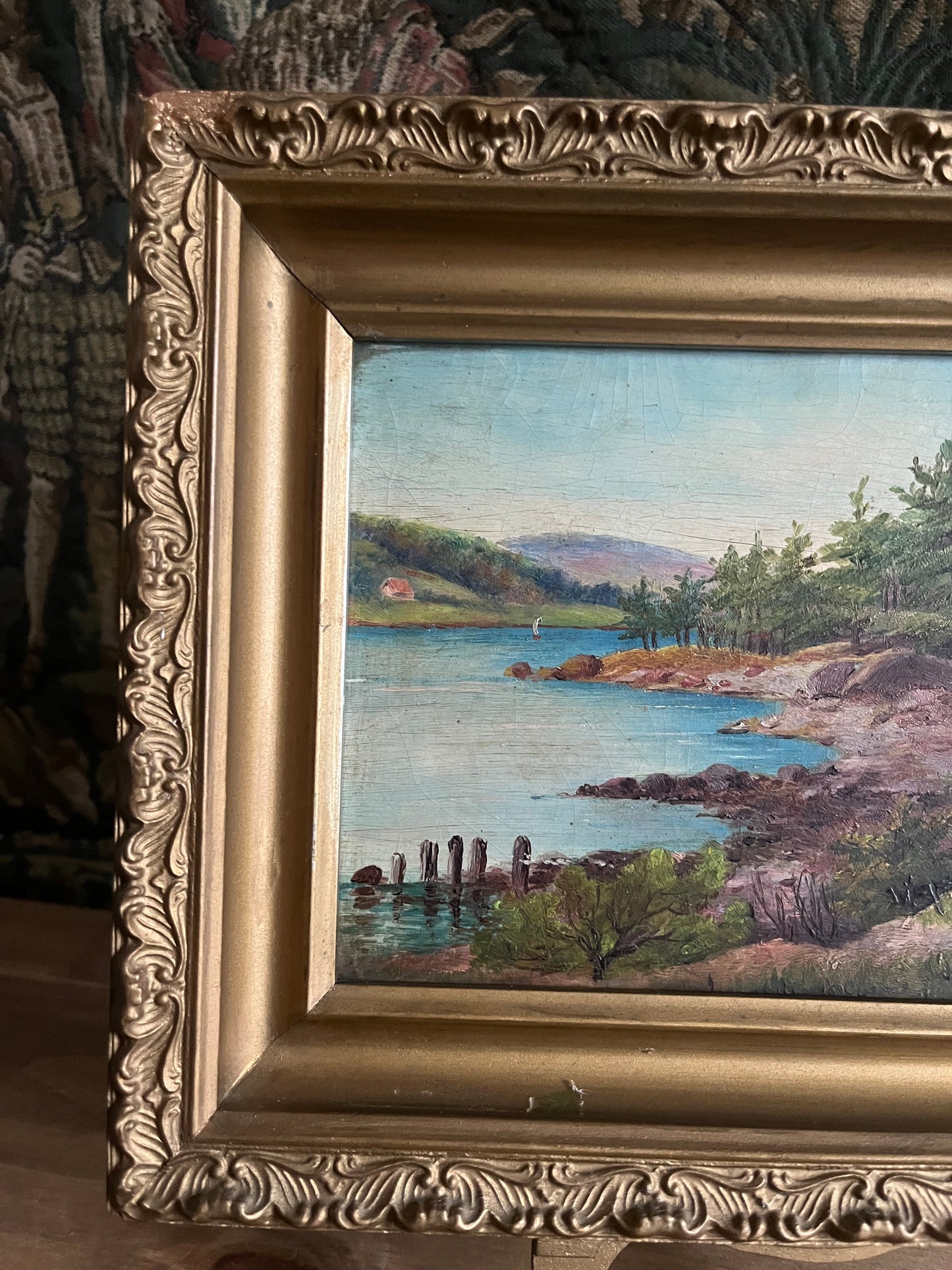 Vintage Oil Landscape on Board in Gold wood Frame