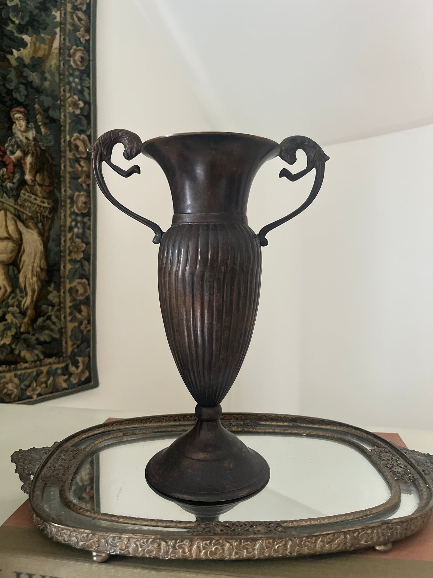 Vintage Bronze Urn Vase with Lion Handles Ribbed Details