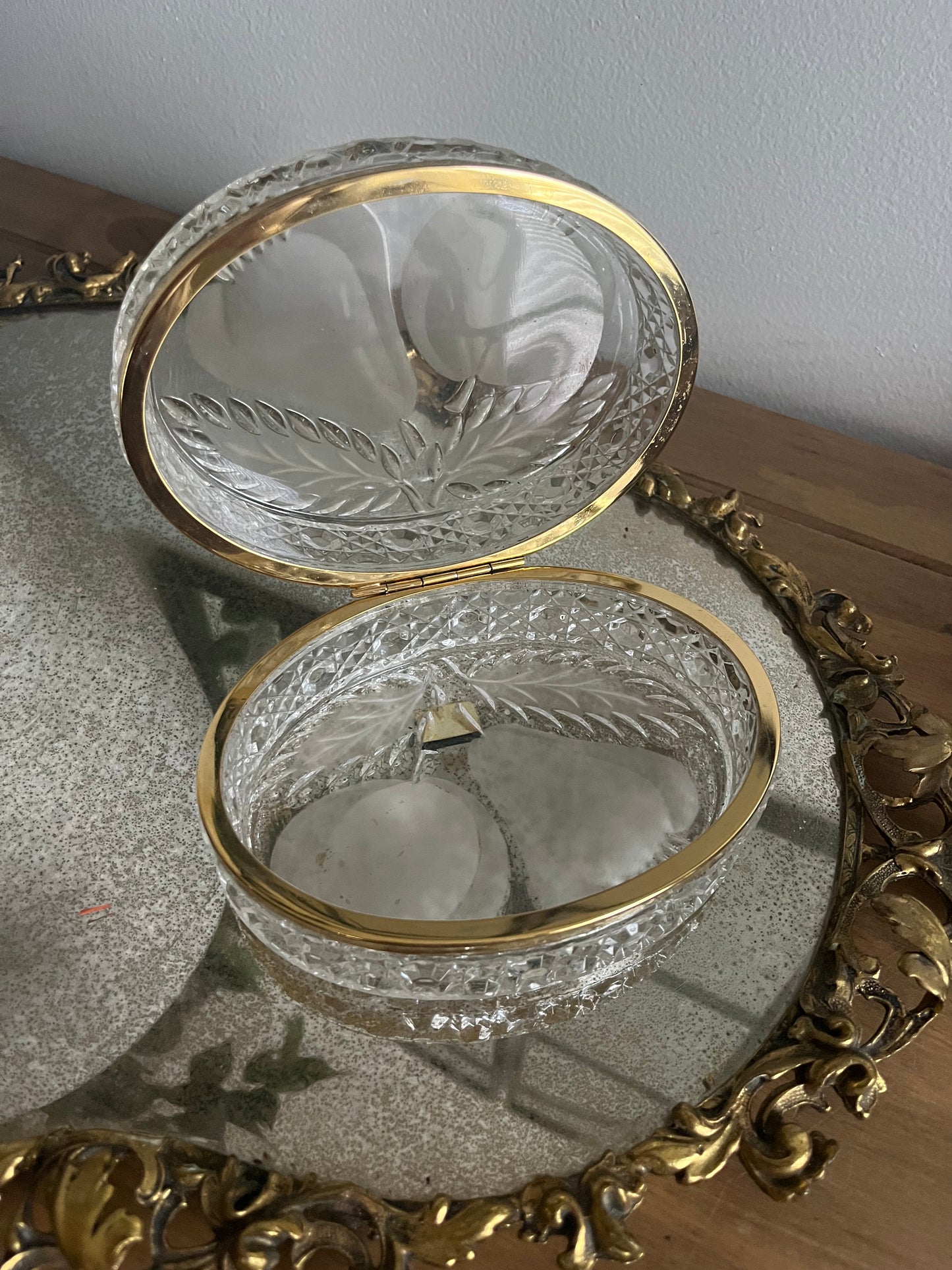 Vintage Beyer Bleikristal Heavy Cut Oval Hinged Jewely Box with Fruit Motif on top.