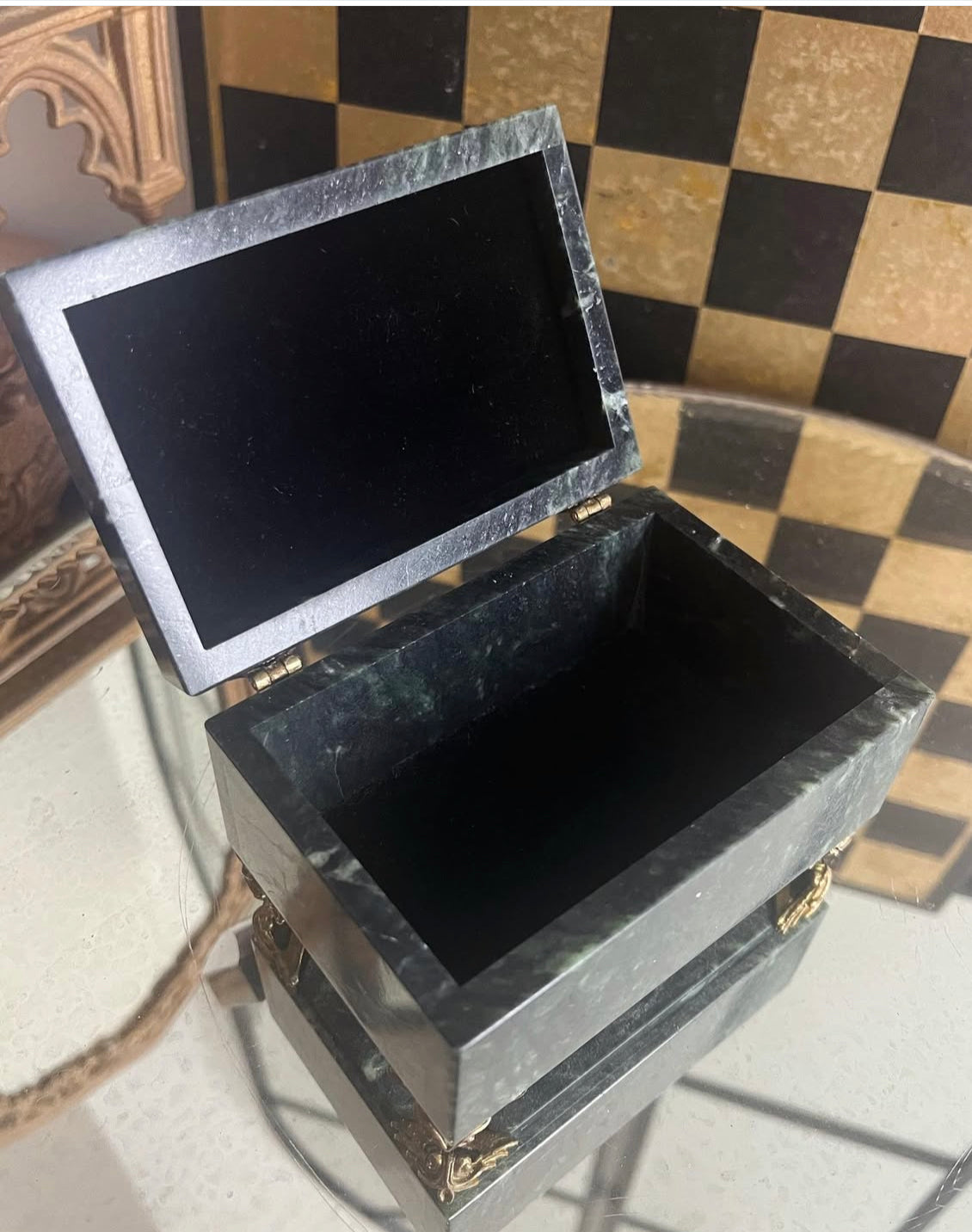Vintage Russian Stone Casket with Green Marble Exterior, Amethyst Stone top, Bronze hinges and feet with Black Velvet interior.