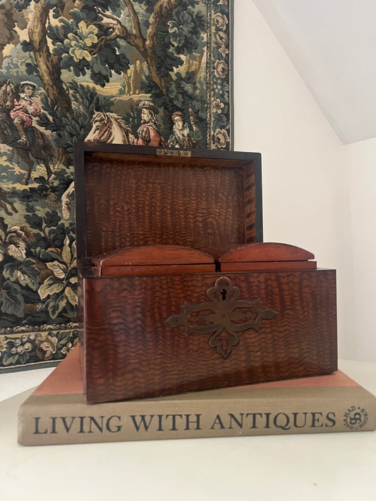 Antique Wood Tea Caddy with Brass Details