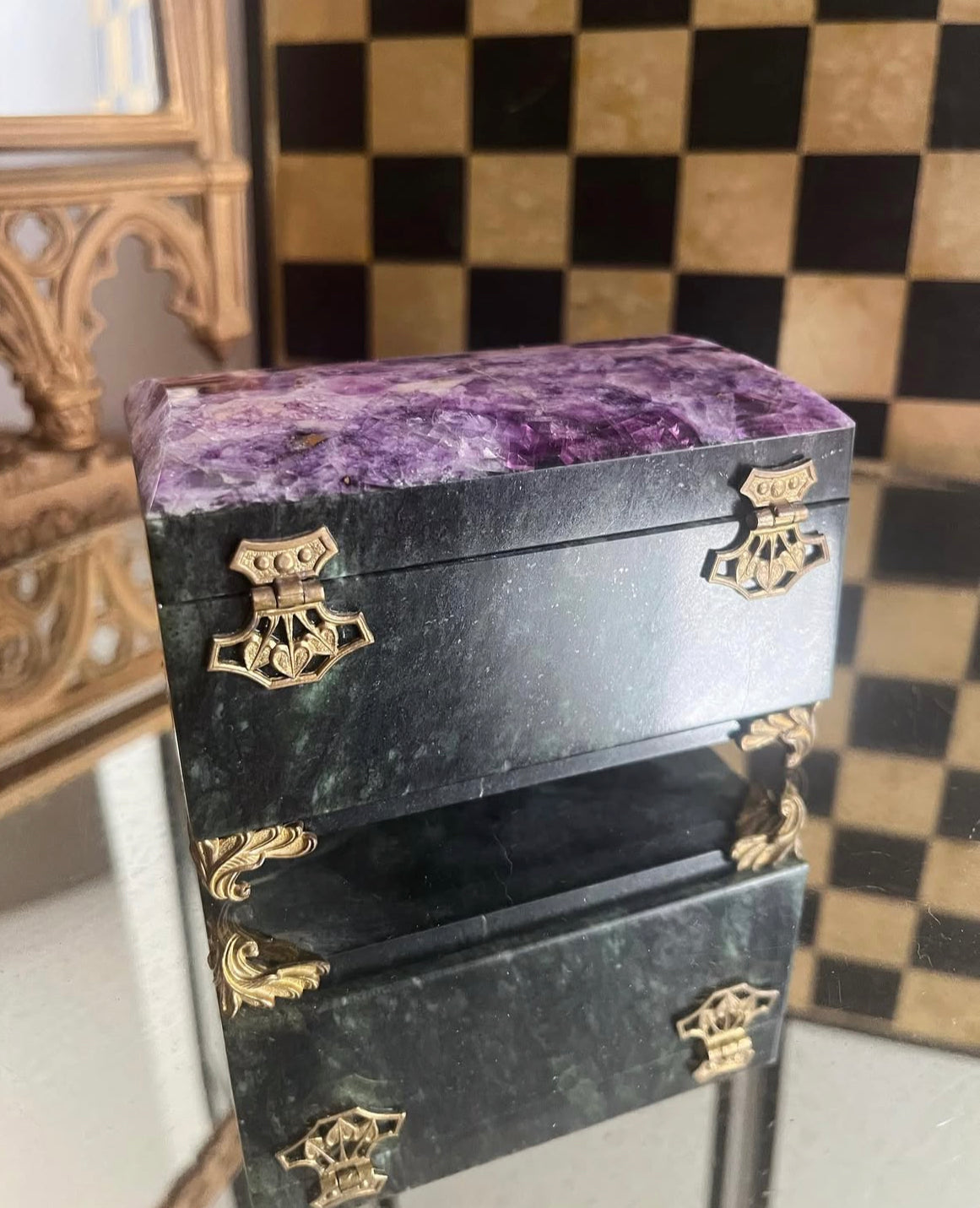 Vintage Russian Stone Casket with Green Marble Exterior, Amethyst Stone top, Bronze hinges and feet with Black Velvet interior.