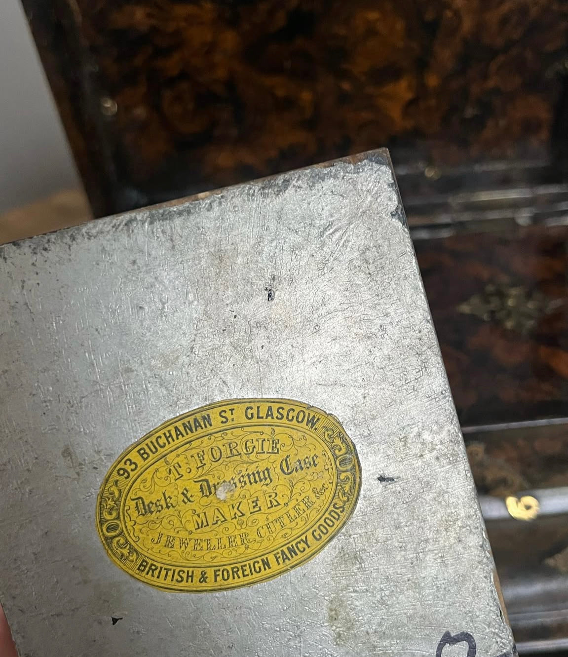 Antique 19th Century Wood Faux Painted Tortoise Shell Tea Caddy with brass accents. No Key. Some wear consistent with age