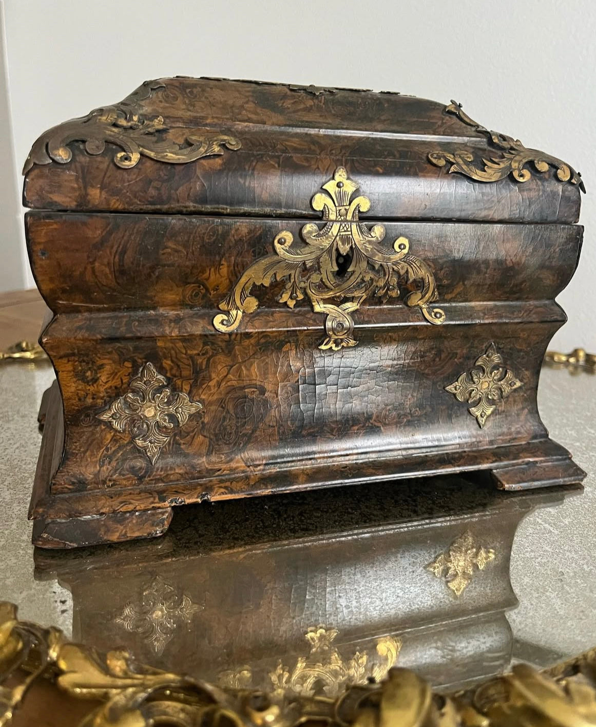 Antique 19th Century Wood Faux Painted Tortoise Shell Tea Caddy with brass accents. No Key. Some wear consistent with age