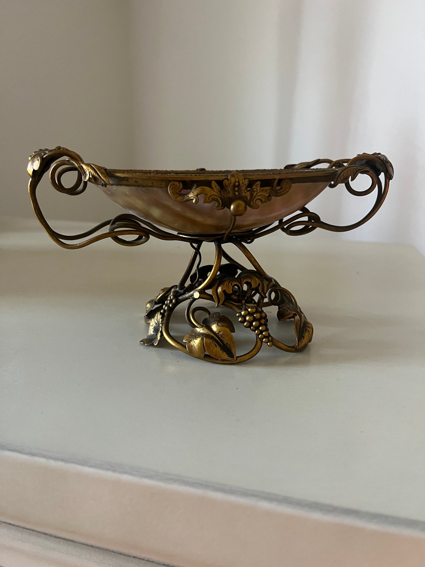 Antique French Ormolu Mother of Pearl Vanity Ring Trinket Holder