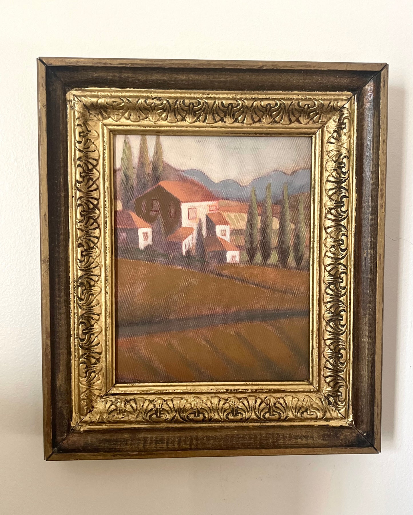 Vintage Tuscan Acrylic Painting with Gold and Wood Frame
