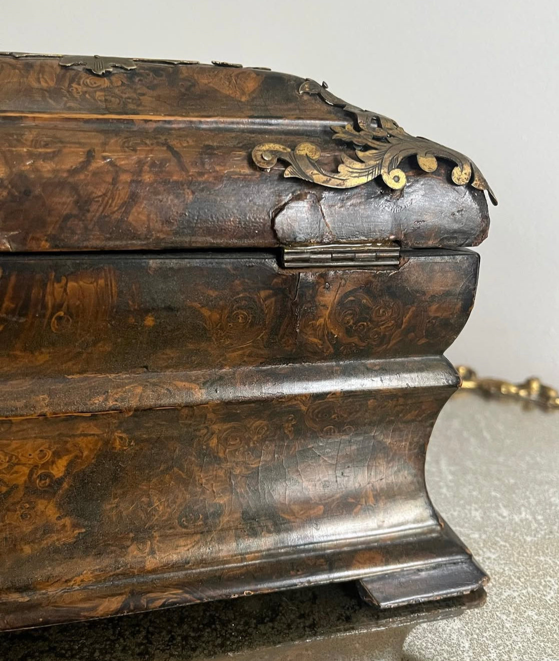 Antique 19th Century Wood Faux Painted Tortoise Shell Tea Caddy with brass accents. No Key. Some wear consistent with age