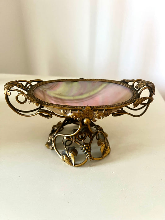 Antique French Ormolu Mother of Pearl Vanity Ring Trinket Holder