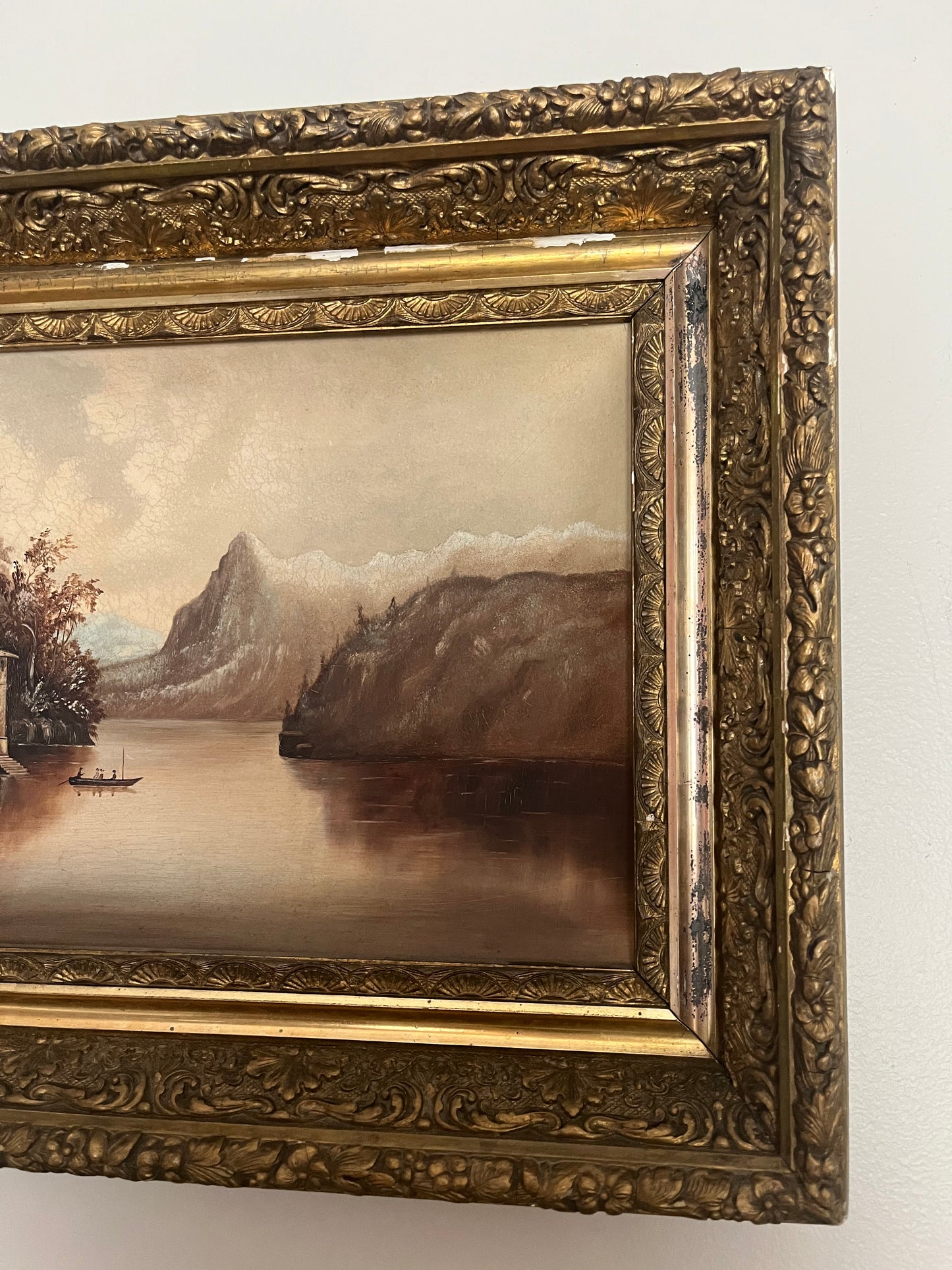 Antique Diorama Oil Landscape Painting on a concave plaster.