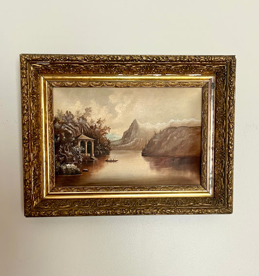 Antique Diorama Oil Landscape Painting on a concave plaster.