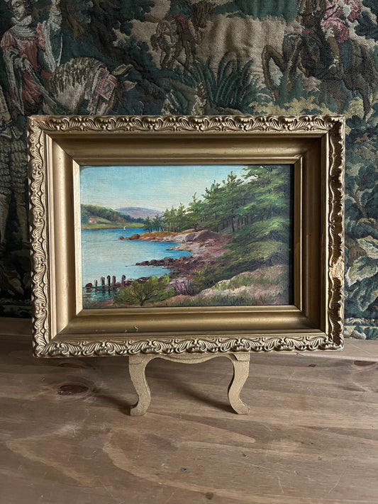 Vintage Oil Landscape on Board in Gold wood Frame