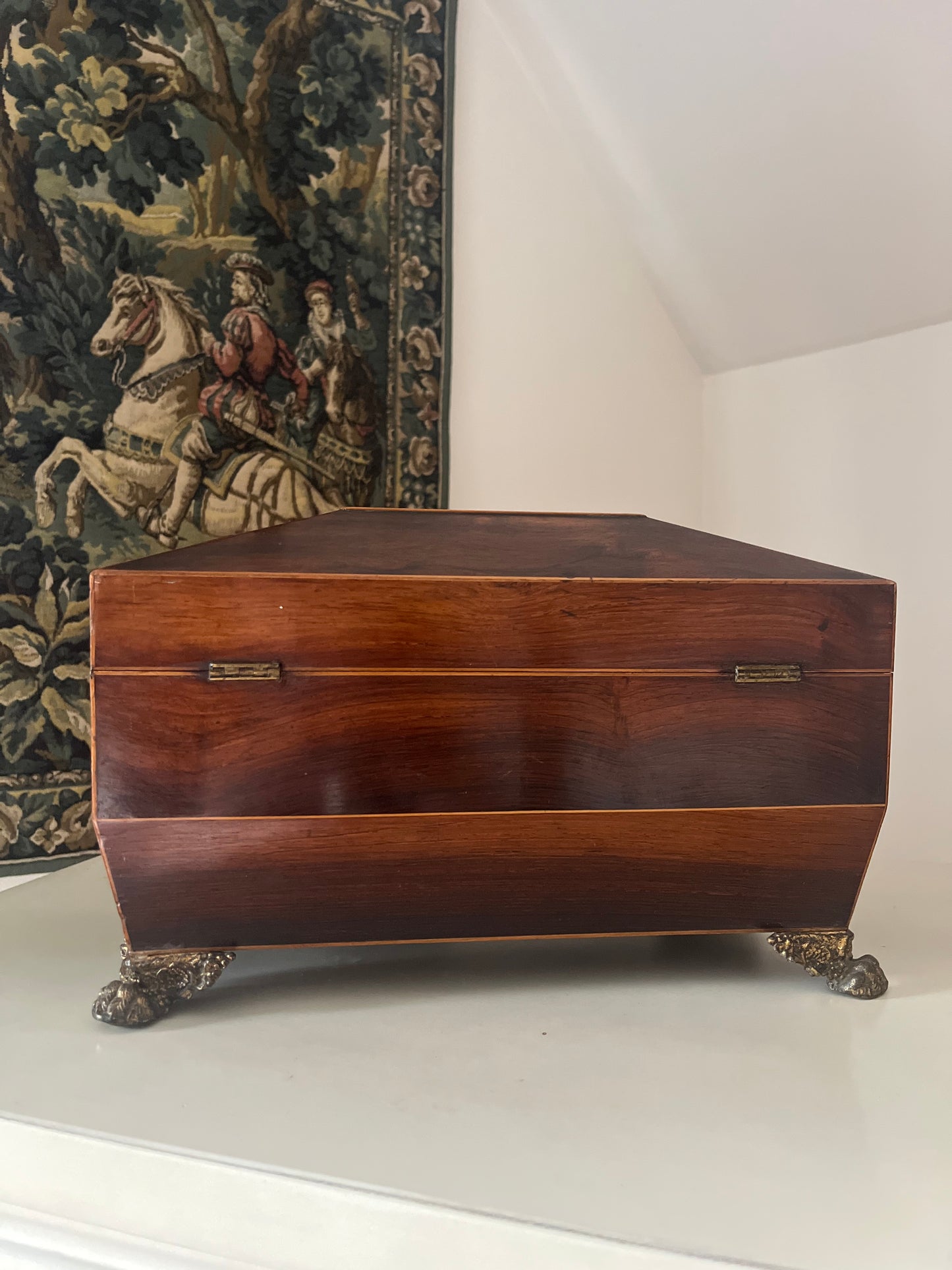 Antique Sarcophagus Shaped Tea Caddy with Lion Paw Feet And Red Velvet Interior.