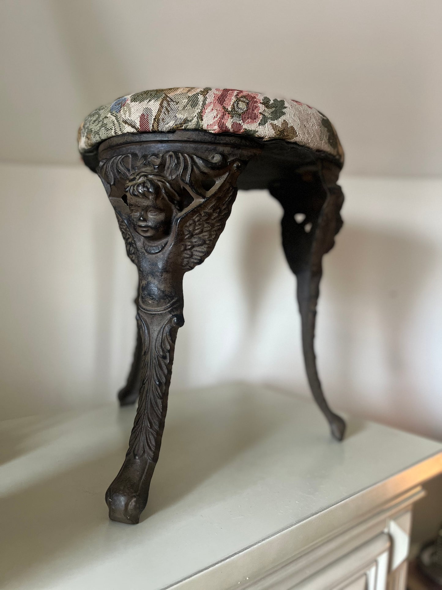 Cast Iron Cherub Vanity Stool with Floral Fabric Top
