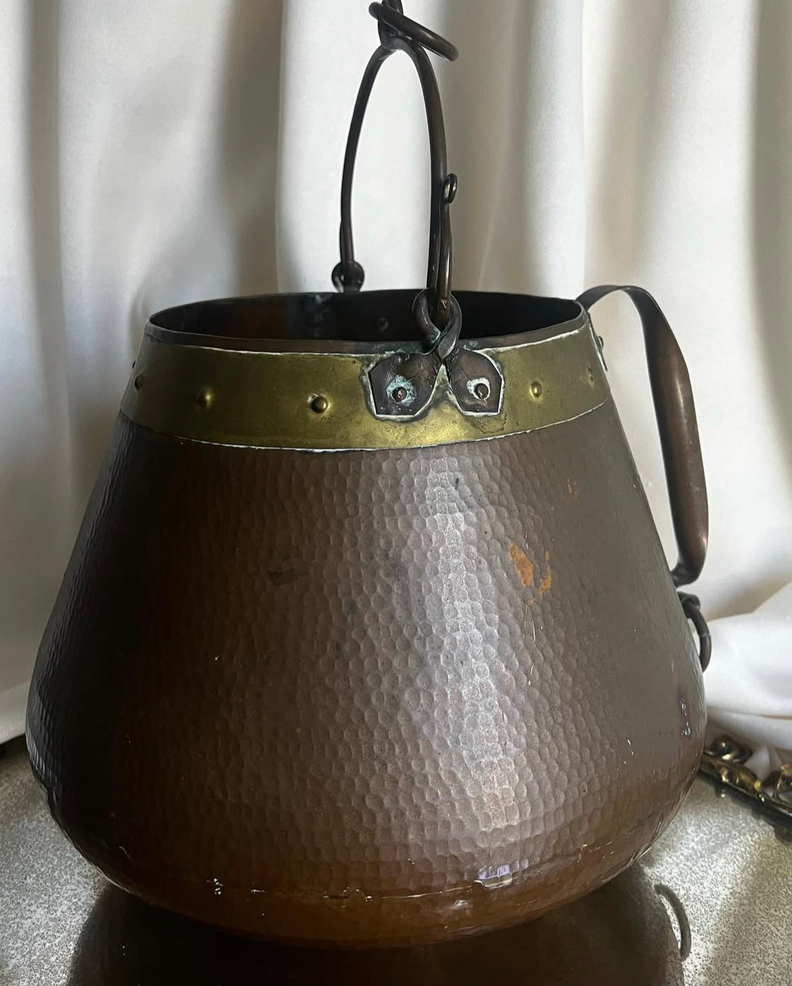 Antique Hammered Copper Cauldron Kettle with Brass Details